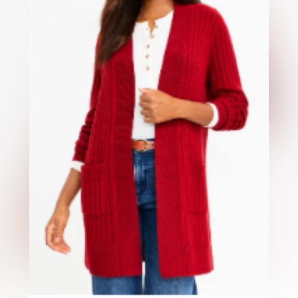 LOFT Ribbed Pocket Open Cardigan in Ruby Rust Size L - Picture 3 of 3